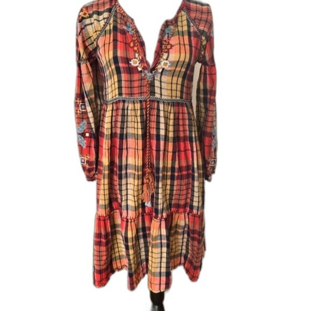 Zara Woman‎ Plaid Embroidered Boho Tiered Peasant Dress Red Orange Small